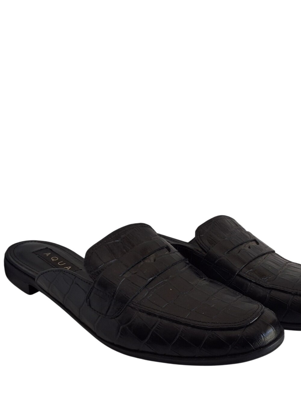 AQUA Black Croc Embossed Loafer Mule Slides Womens Slip On Flats